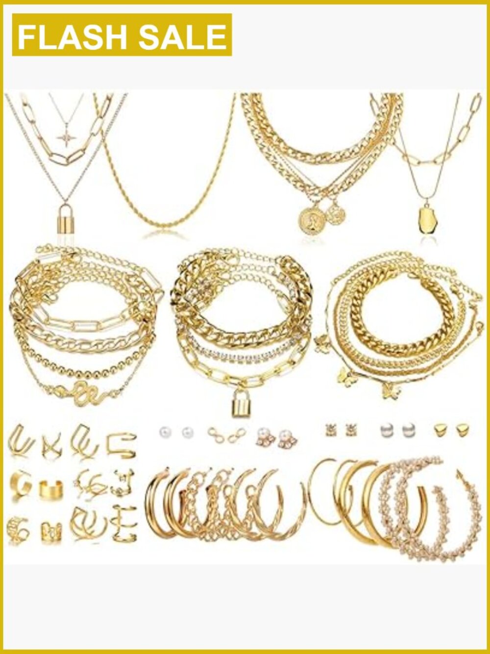 46 Pc Gold Layered Jewelry Set Includes Necklaces Earrings Bracelets Rings